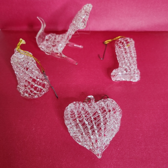 Vintage 4 Spun Glass Christmas Ornament Set. Heart, Sleigh, Stocking, Bell - Picture 2 of 7